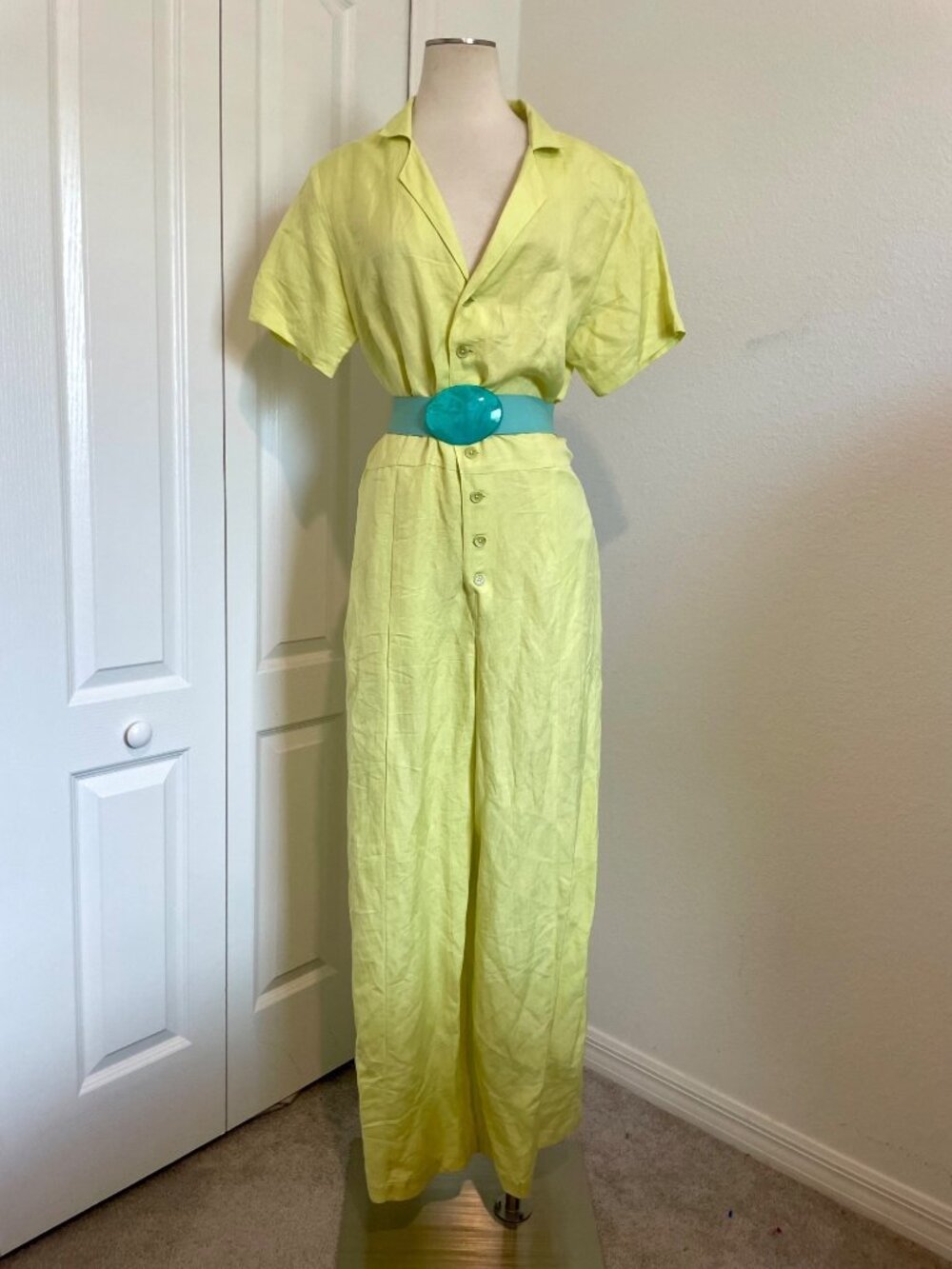 Mixed by Nasrin Linen Lime Chartreuse Short-Sleeve Pants Jumpsuit Women's Size X